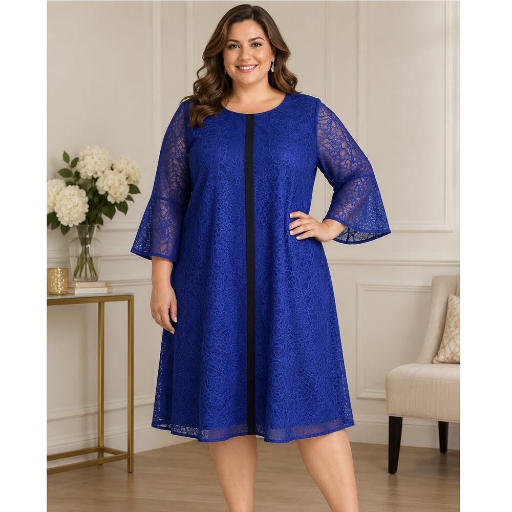 Cobalt Blue Lace Dress Plus Size 20W Bell Sleeve Wedding Guest Knee Length